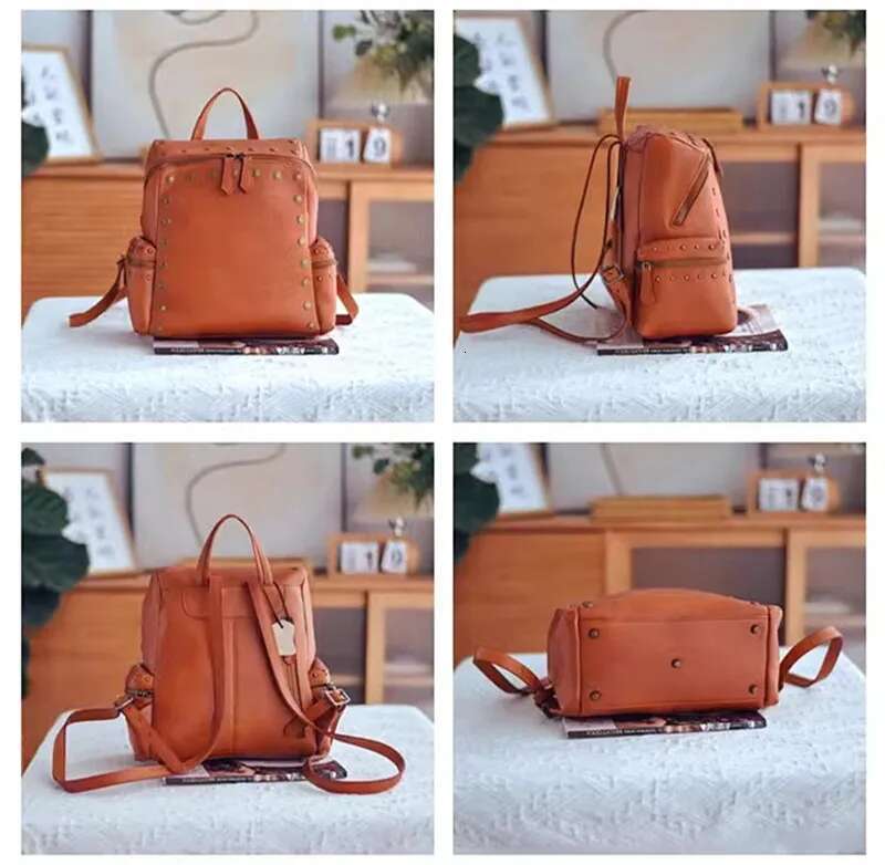 Fashion Vintage Designer Handmade Genuine Leather Women's Backpack Outdoor Travel Natural Real Cowhide Female Rivet Bookbag