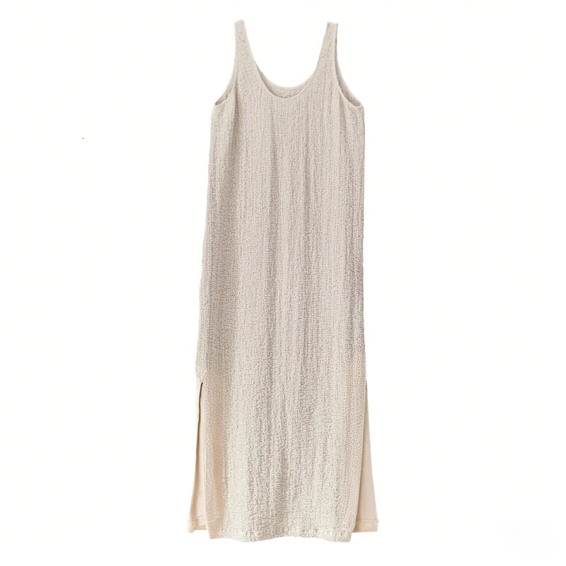 Vintage Cotton Linen Bubble Crepe Split Womens Dress Round Neck Sleeveless Resort Beach Summer Dresses 250520