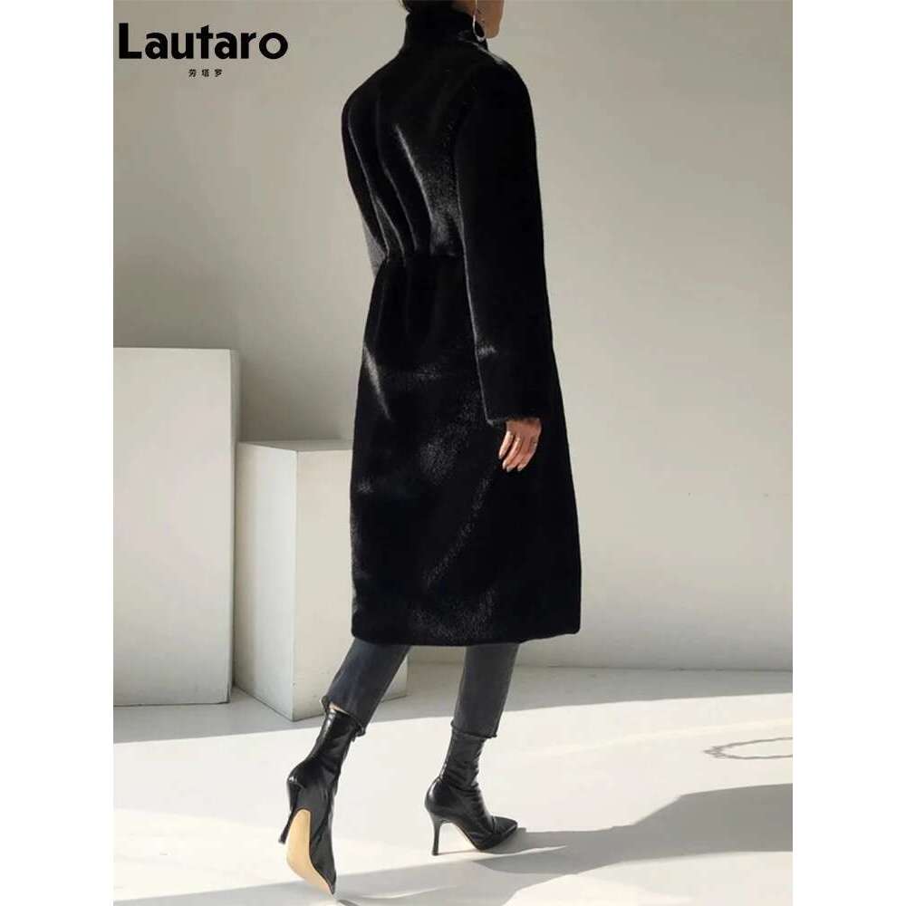 Lautaro Winter Long Black Elegant Stylish Thick Warm Fluffy Hairy Soft Faux Mink Fur Coat Women Stand Collar Sashes 2023 Designer