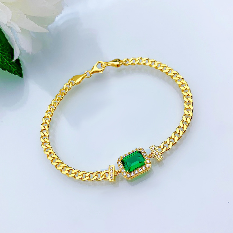 New S925 Sterling Silver Bracelet with 6x8mm Faux Emerald, Simple & Elegant Design for Women, Luxury Minimalist Jewelry