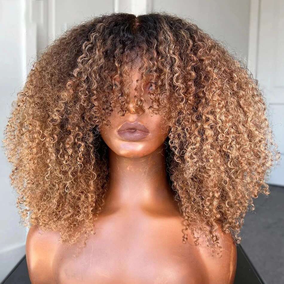 Highlights Blonde Jerry Curly Full hine Made With Bangs Brazilian Remy Human Hair Wig Ombre Brown Colored For Black Women