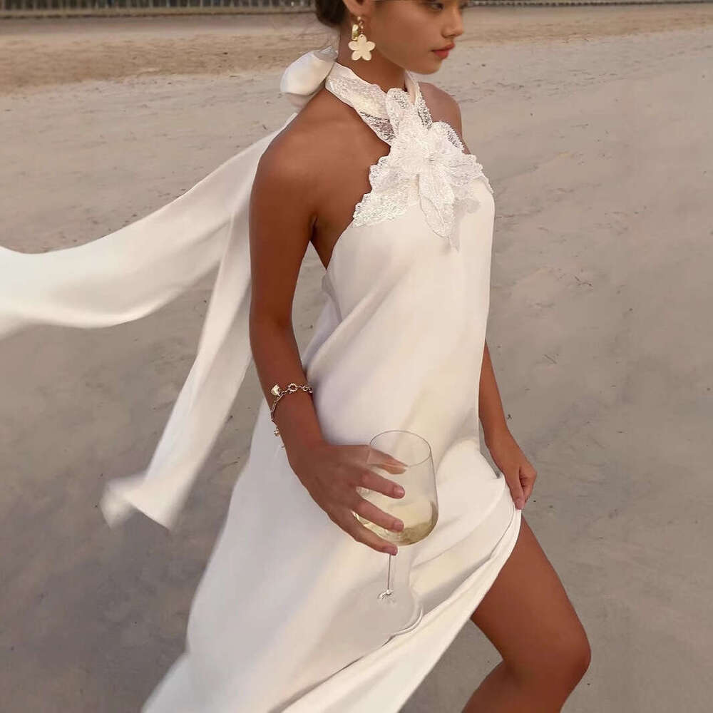 2025 Top selling Satin Summer Cool and Retro White Hook Flower Neck Hanging Evening Long Dress New Casual Fashion Trendy Clothing