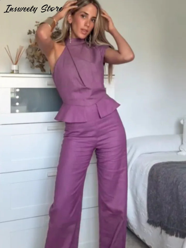 Fashion Halter Jumpsuits Womens Solid Slim Sleeveless Pleated Straight Jumpsuit 2025 Spring Summer Elegant Female Outwear 250519