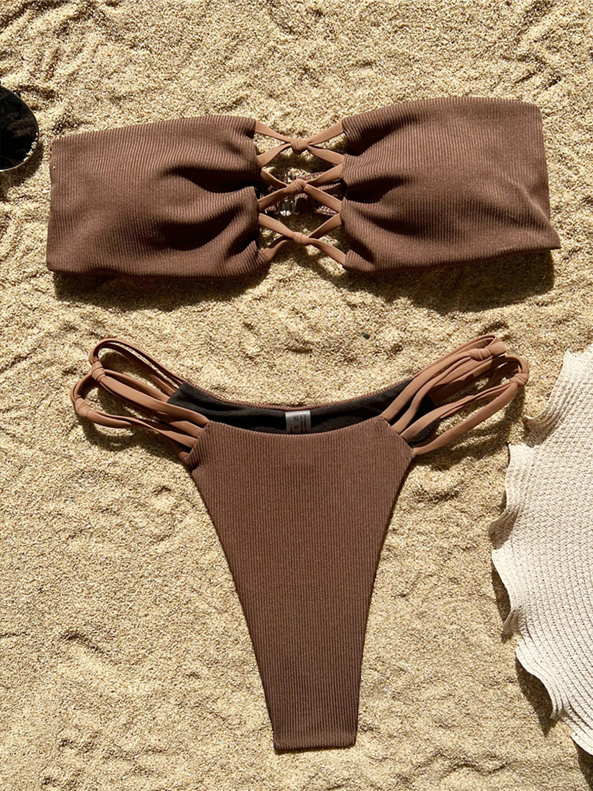 S - XL Ribbed Bandeau High Leg Cut Bikini Female Swimsuit Women Swimwear Two-pieces Bikini set Bather Bathing Suit Swim K6058 250516