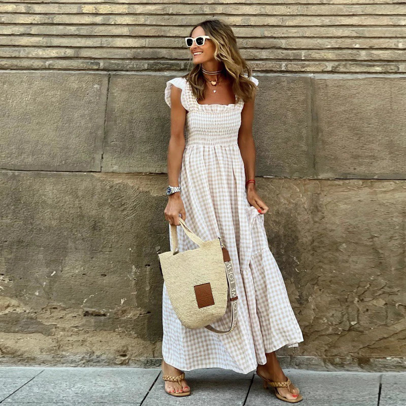 y Ruffle Fly Sleeve Long Dress Square Neck Large Swing Plaid Party Evening Casual Retro Beach Holiday Womens Clothes 250520