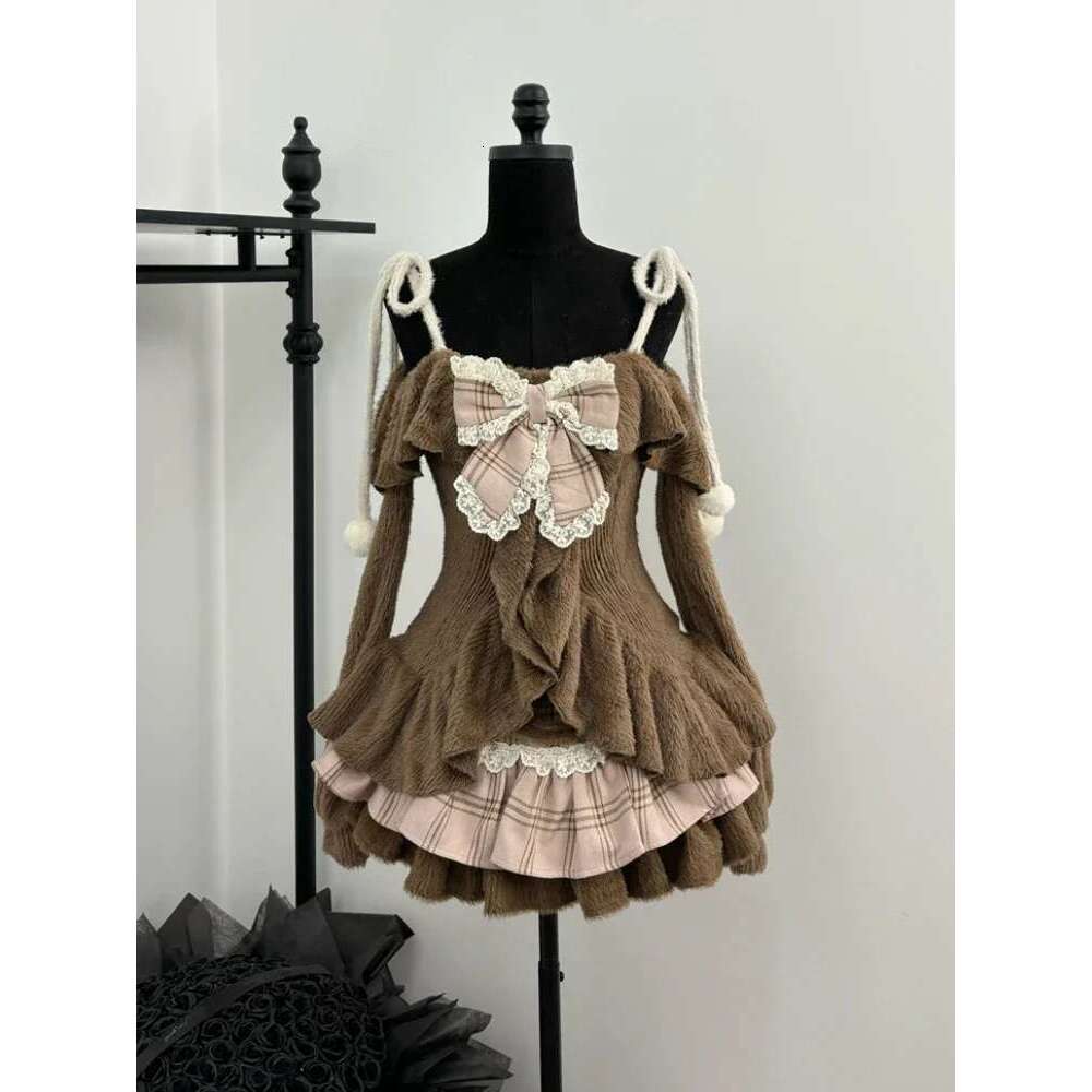 Sweet Kawaii 2 Piece Sets Women Japanese Y2k Brown Retro Tops + Chic Mini Cake Skirt Female Princess Elegant Outfits Spring 2025