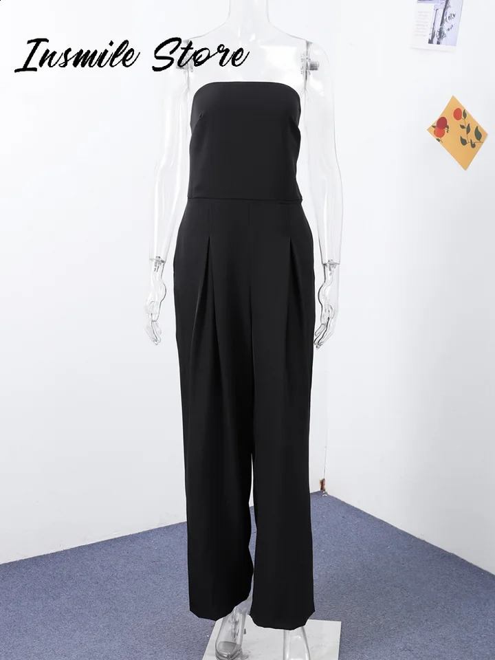 Casual Women Playsuit Sleeveless Backless Wide Leg Solid Pleated Female Strapless Jumpsuit 2025 Summer Chic Lady Playsuits 250519