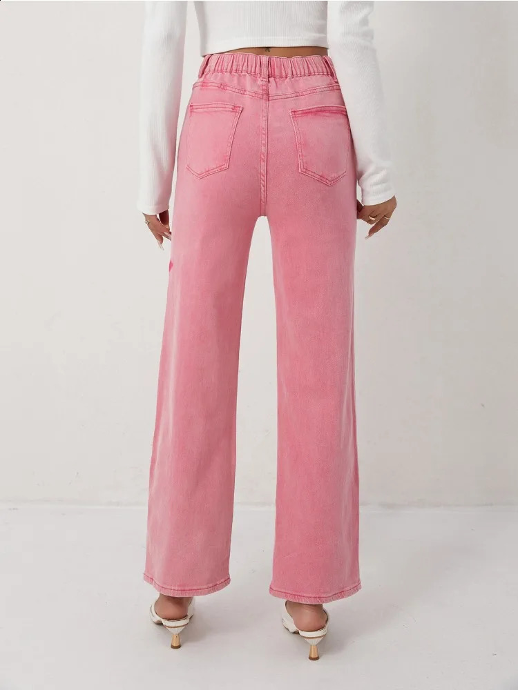Womens Pink Jeans Star Print Flared High Waist Denim Trousers Stylish and Comfortable Outfit Option 250513Z