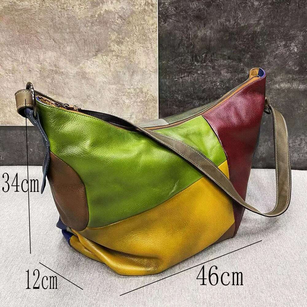 Oversized Female Genuine Leather Patchwork Hobo Slouchy Shoulder Vintage Big Capacity Overnight Weekender Work Laptop Bag