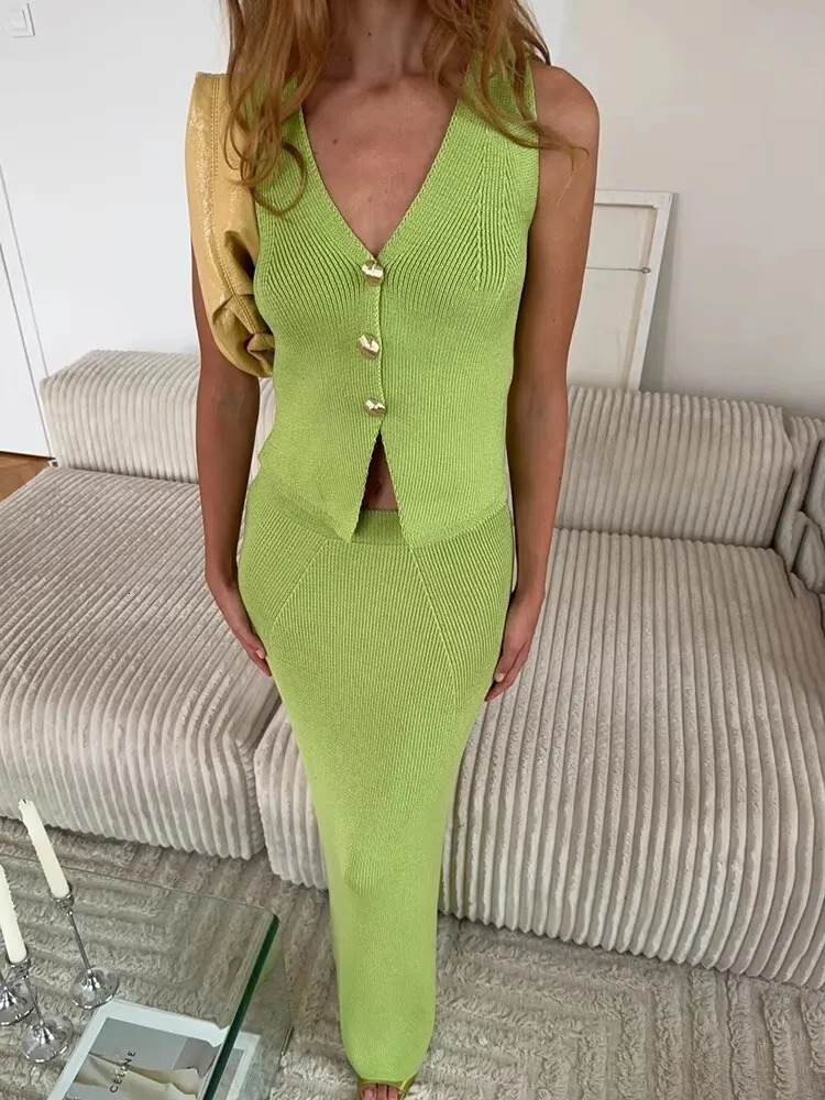 Fantoye Knitted Vneck Metal Button Women Skirt Suit Yellow Sleeveless Top Long Female Summer Slim Casual Two Piece Sets 250520