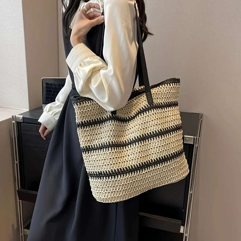 Large Boho Chic Striped Woven Tote Bag, Spacious Shoulder & Shopping For Women With Black And White Design, Beach Bag