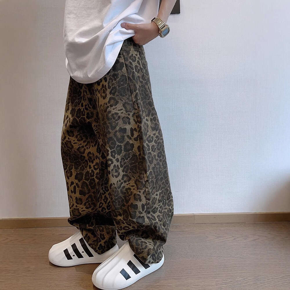 American style design, niche workwear, leopard print, loose casual, versatile denim pants, men's INS