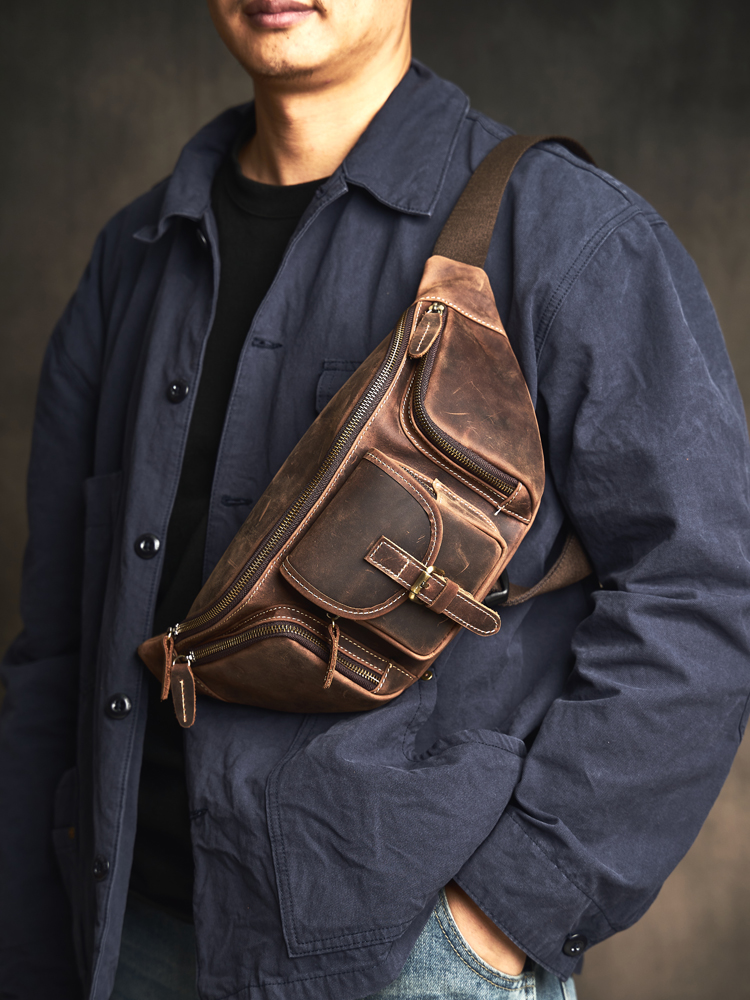 Hot Sale Men Crazy Horse Leather Casual Fashion Chest Sling Bag 8" Tablet Design Triangle One Shoulder Cross-Body Bag Male