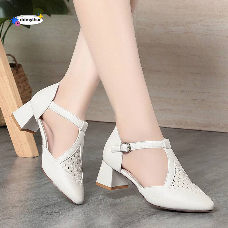 Baotou Sandals For Women In Summer 5cm Pointed Toe Woven Hollow Shallow Mouth T-Buckle Thick Heel Commuting Single Shoes Fashion ddmythur