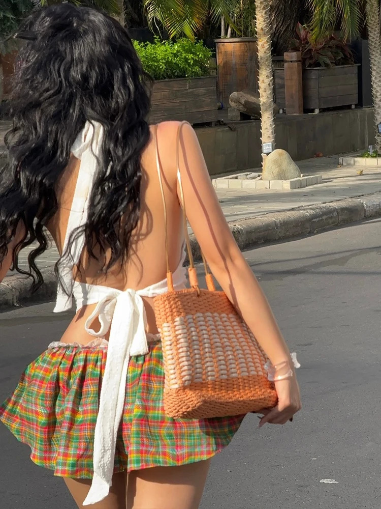 Nibber Street 2Piece Set Women Backless Halter LaceUp Sleeveless Simple TopsColorful Patchwork Lace Skirts Matching Suits 250520