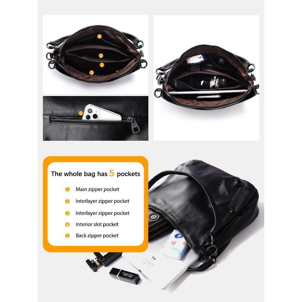 Zency Black Beige Soft Leather Hobo Women Simple Casual Top Handle Handbag Shoulder Large Capacity Crossbody Bag Medium Size