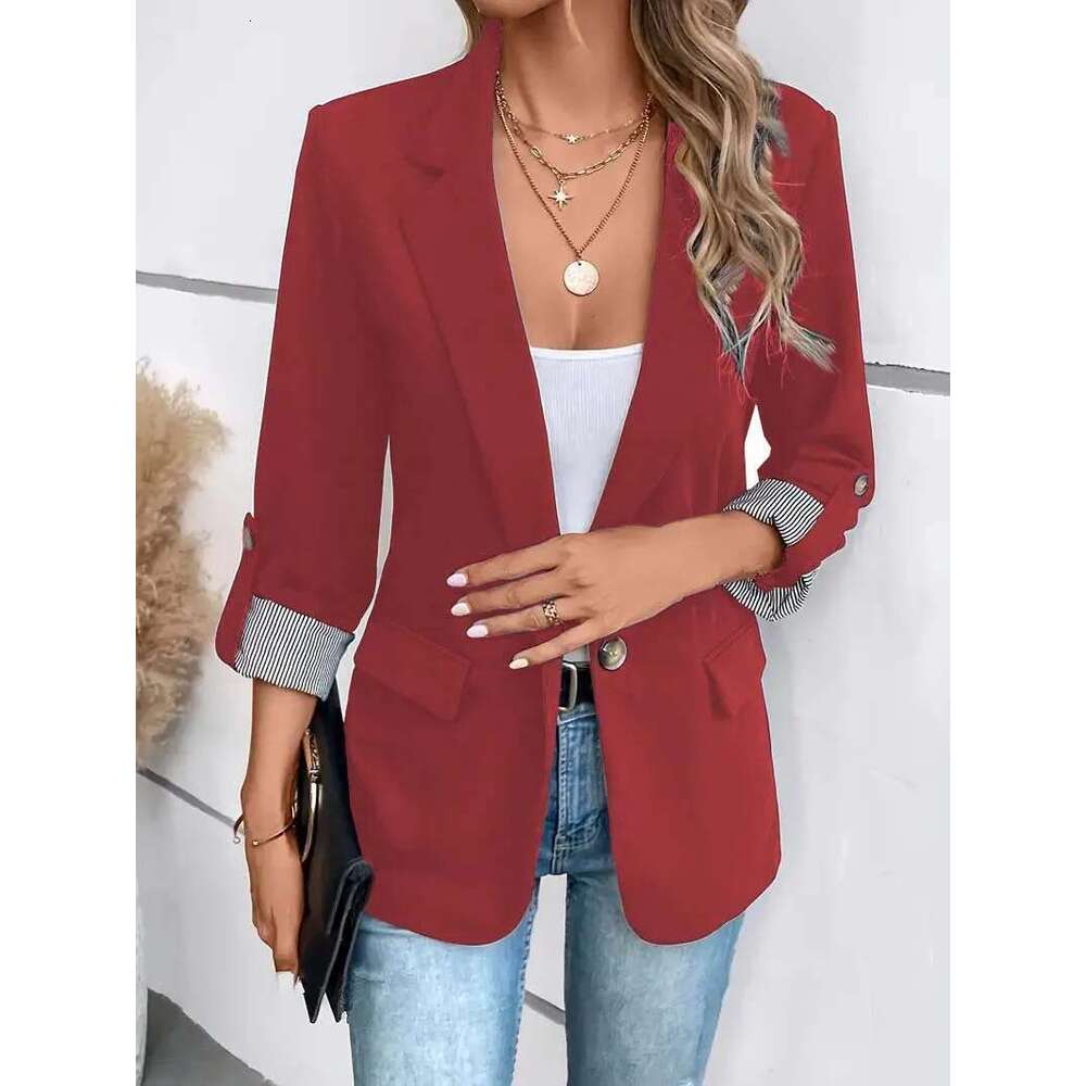 New Fashionable Casual Button Up Slim Fit Seven Quarter Rolled Sleeve Solid Color Work Office Suit Jacket