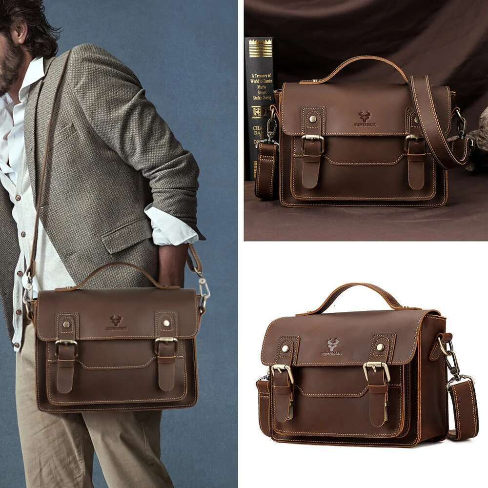 HUMERPAUL Crazy Horse Leather Men Messenger Vintage Large Capacity Crossbody Bag Handbags Multifunctional Business Briefcase