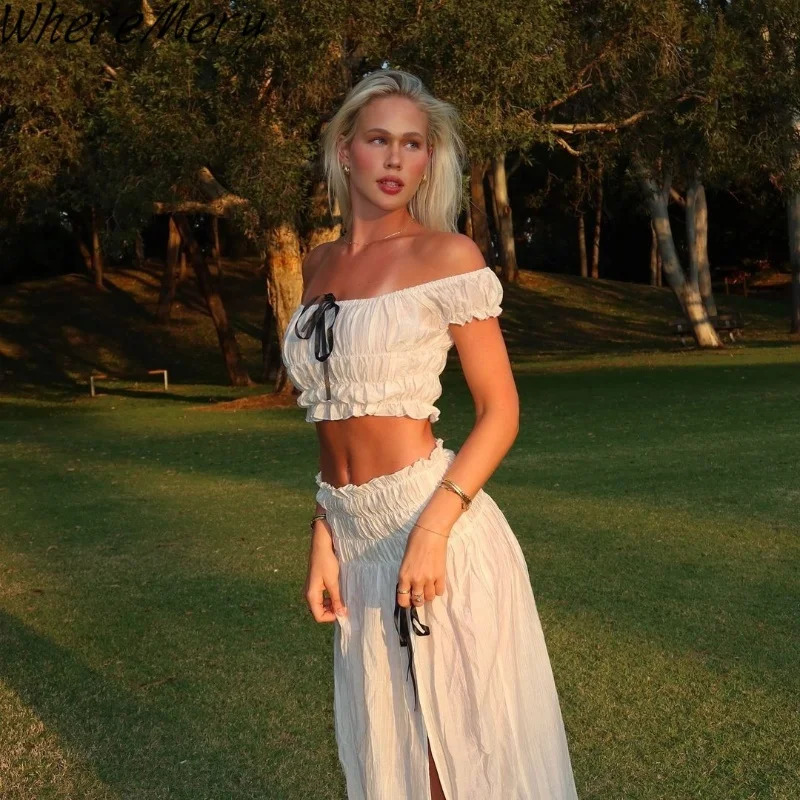 WhereMery Sexy Bow Off Shoulder Puff Sleeve Crop Tops with Ruffle Loose Long Skirts Summer Women Casual Beach 2 Piece Sets 250520