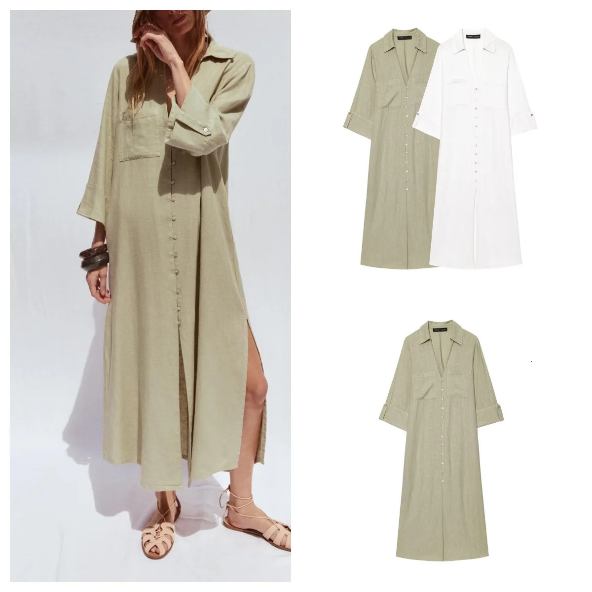 European and American style simple linen blended shirtstyle longsleeved casual dress 250520