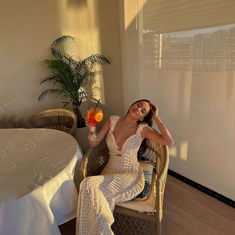 Halter Dress Women S Sexy V Neck Knitted Pure Desire Vacation Beach Slimming Backless French Style Dress Maxi Dress