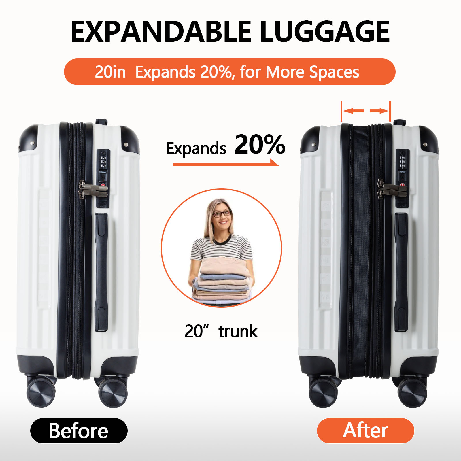 20" White Expandable Carry-On Luggage Set with USB Port - Business & Travel Suitcase suit case maleta koffer with TSA lock
