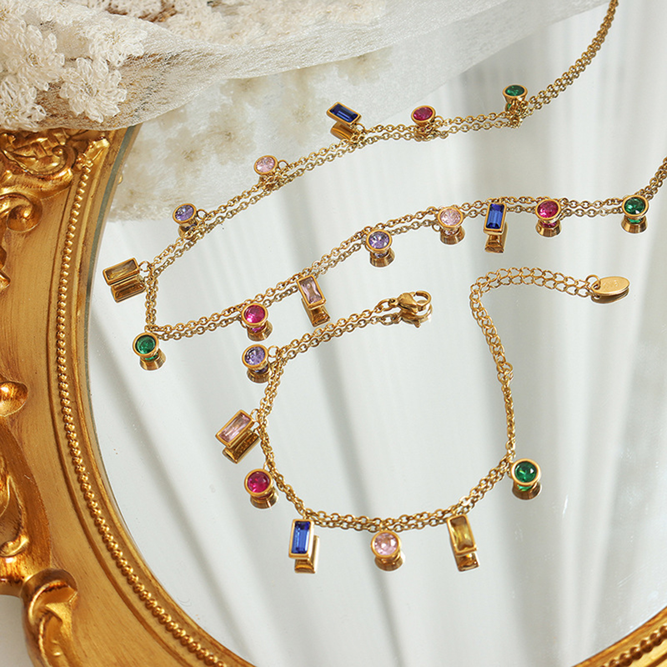 Gold Charm Pendent Choker Necklace Bracelet for Woman, Boho Dainty Gemstone CZ Rhinestone Dangle Chain Necklaces Bracelet Prom Fashion Jewelry Wedding