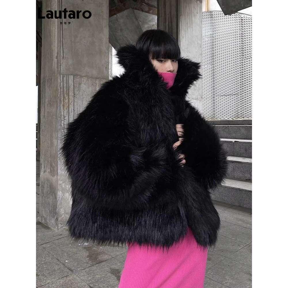 Lautaro Winter Cool Oversized Casual Soft Thick Warm Black Hariy Shaggy Faux Fur Coat Women Turn-down Collar Fluffy Jacket 2023