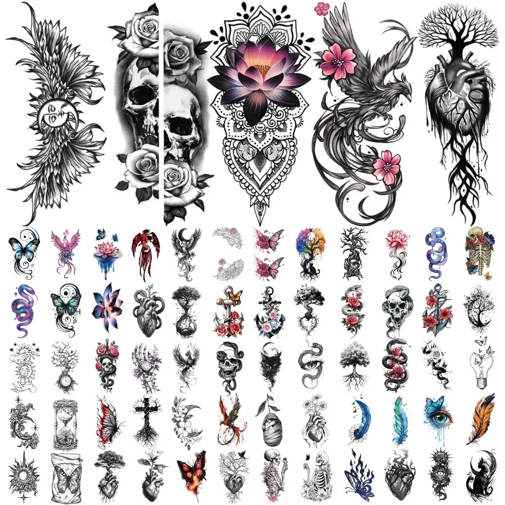phoenix skeleton snake temporary tattoo tree of life butterfly rose feather half arm fake tattoo sticker 250515