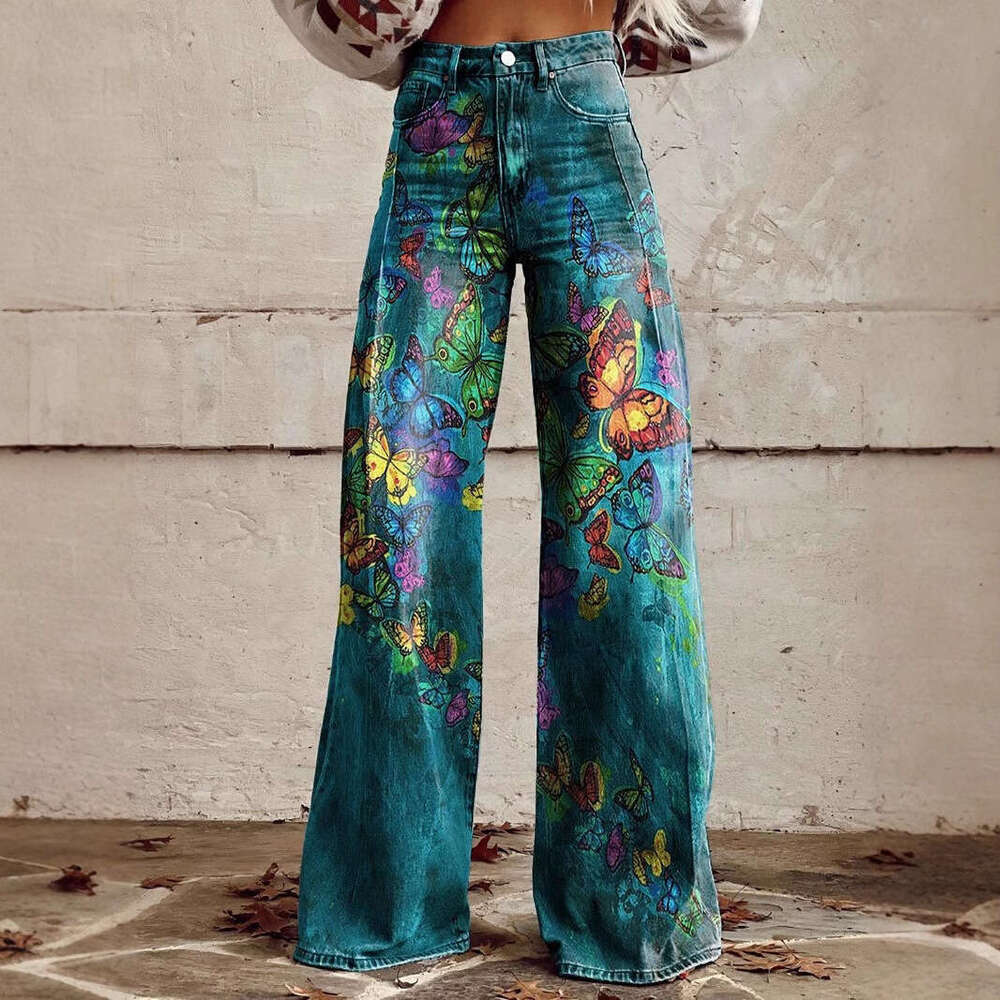 2025 High-Waisted Wide-Leg Printed Jeans for Women - Stretchy Casual Fashion