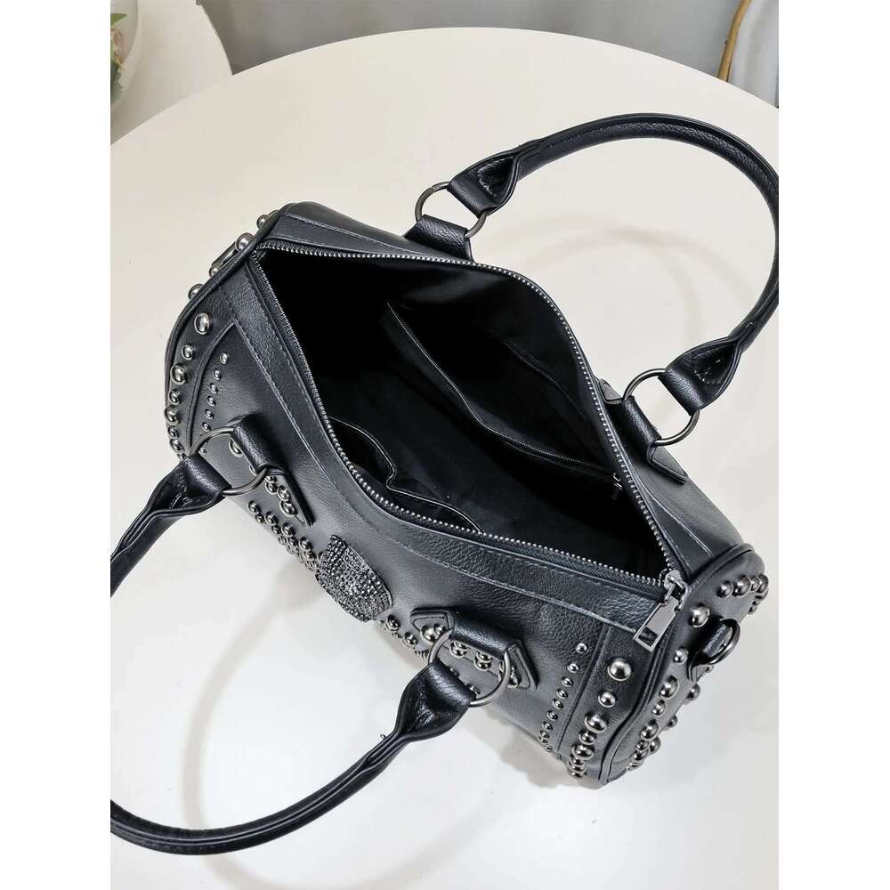 Dark Punk Style Handbag Personality Rivet Trend Boston Large Capacity Shoulder Messenger Black Bag