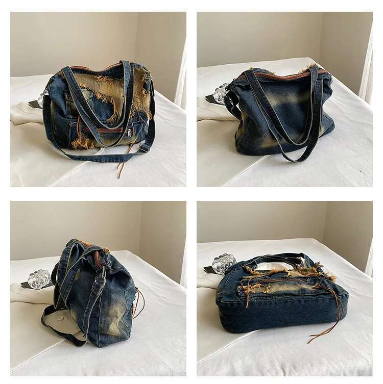 Denim Y2k Womens Shoulder Vintage Washed Distressed Fashion female Messenger Bag Large Capacity ladies Handbag Sac totes