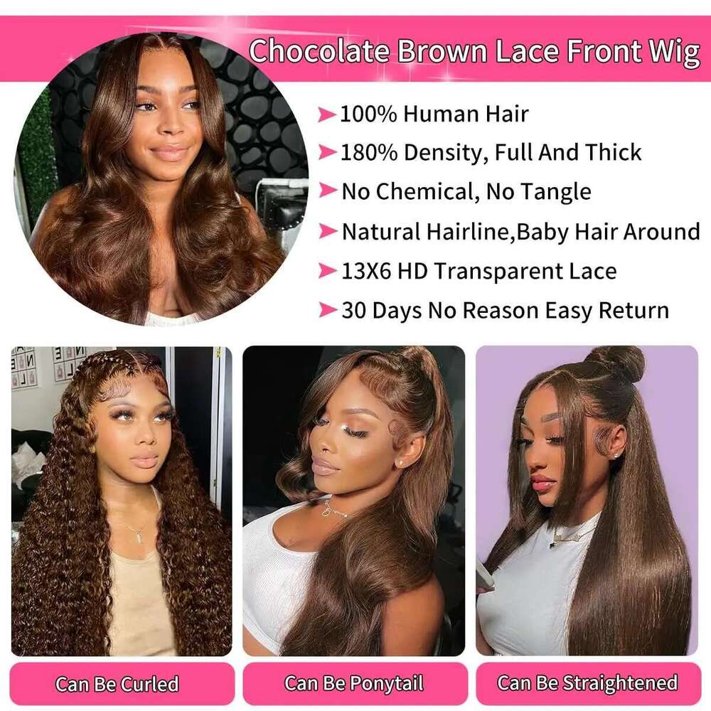 13x4 13x6 HD Lace Frontal Body Wave Wig Chocolate Brown #4 Colored Front Human Hair Pre plucked Wigs For Women 200% Density