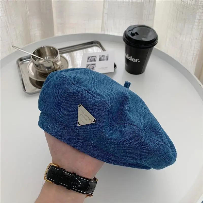 Female Metal Label Cowboy Cotton Denim Beret Women Versatile Painter Hat Headwear Berets Caps 250520