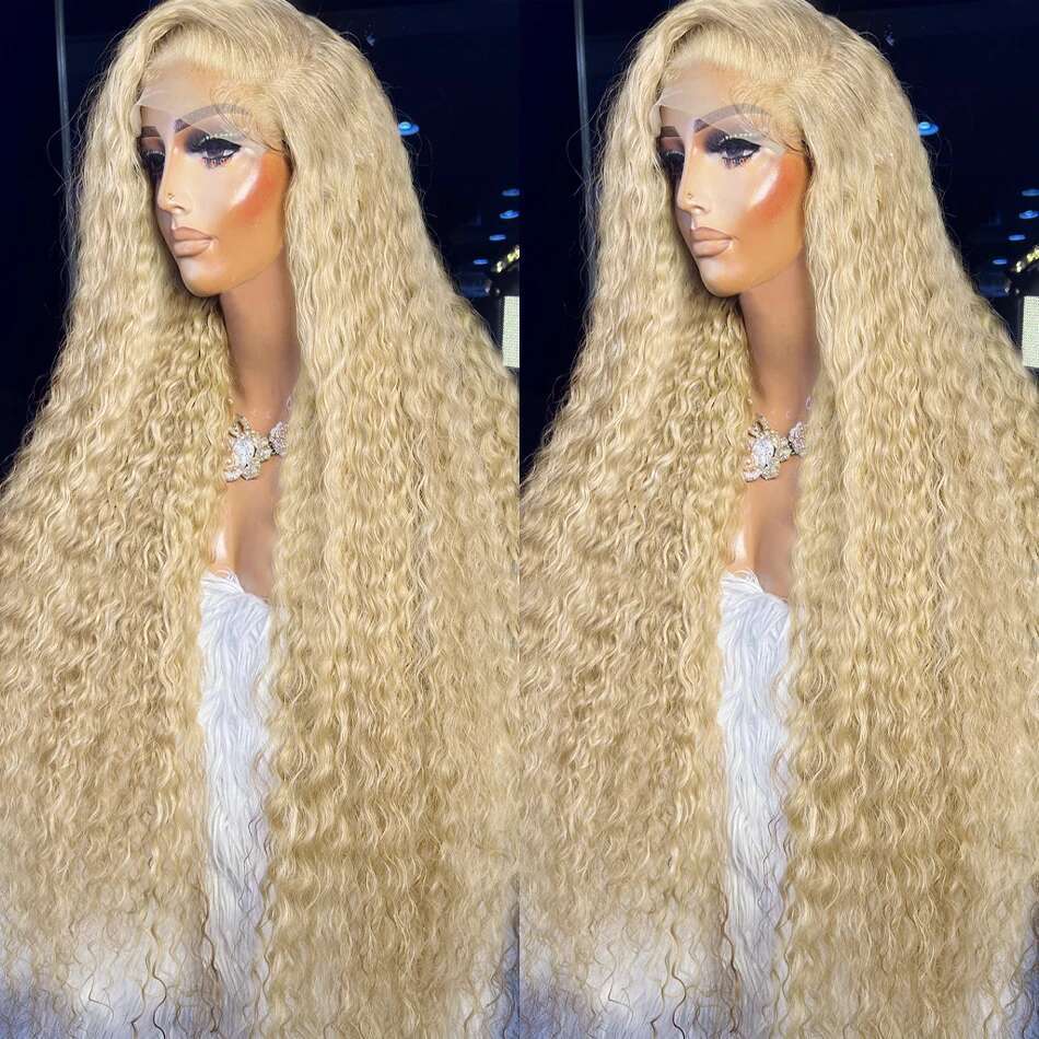 Finros 613 13x6 HD Frontal Deep 13x4 Transparent Lace Curly Human Hair Wigs for Women Blonde Water Wave Wig