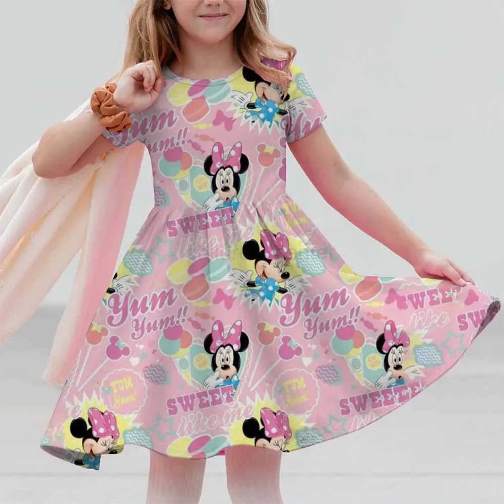 Mickey Mouse Summer Girls Skirt Short Sleeve Dress 3D Printed Cartoon Disney Cute Childrens Fashion MNSO Party Trendy Clothing W250520