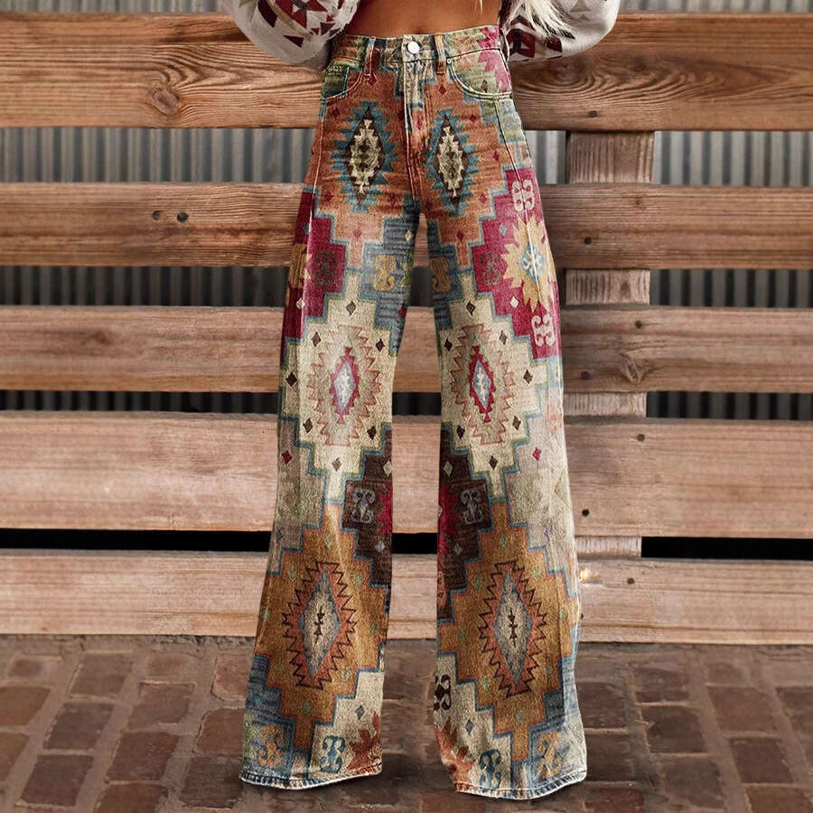 High-Waisted Wide-Leg Printed Stretch Jeans - Women's Casual Fashion Staple