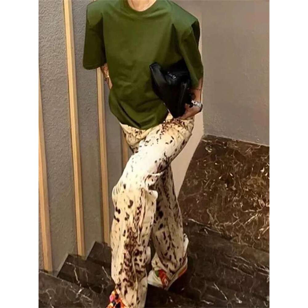 Leopard Print Straight Wide Leg Women Waisted Retro Jeans Streetwear Y2k Vintage Pants High Street Denim Trousers