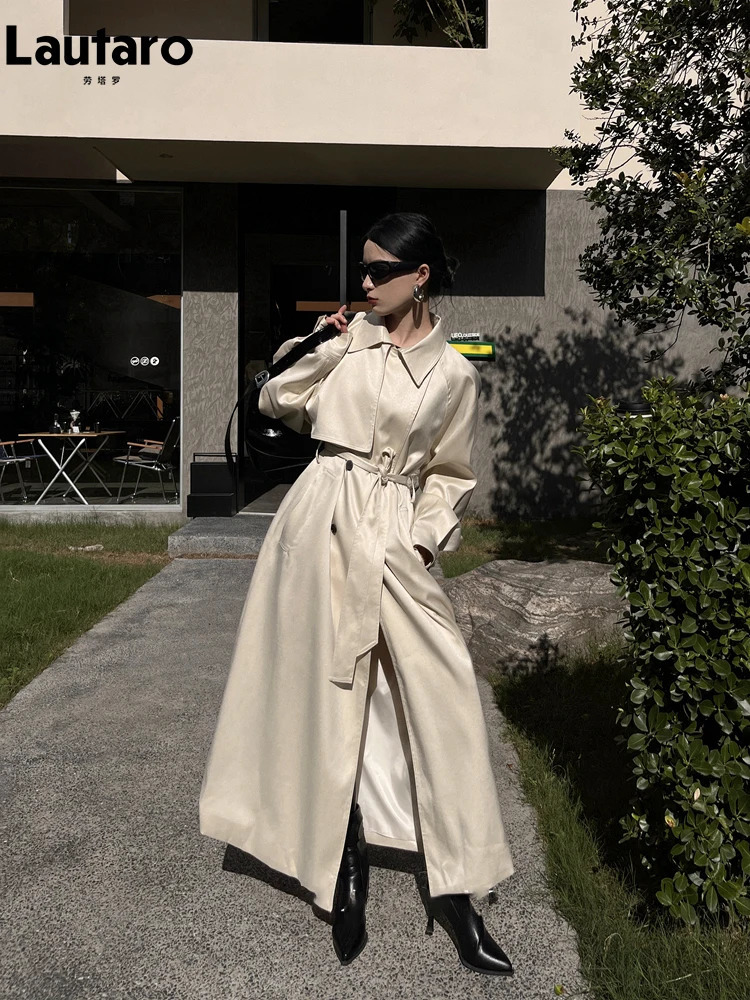 Lautaro Spring Autumn Long Shiny Soft Flowy Trench Coat for Women Sashes Double Breasted Loose Casual European Overcoat 250520