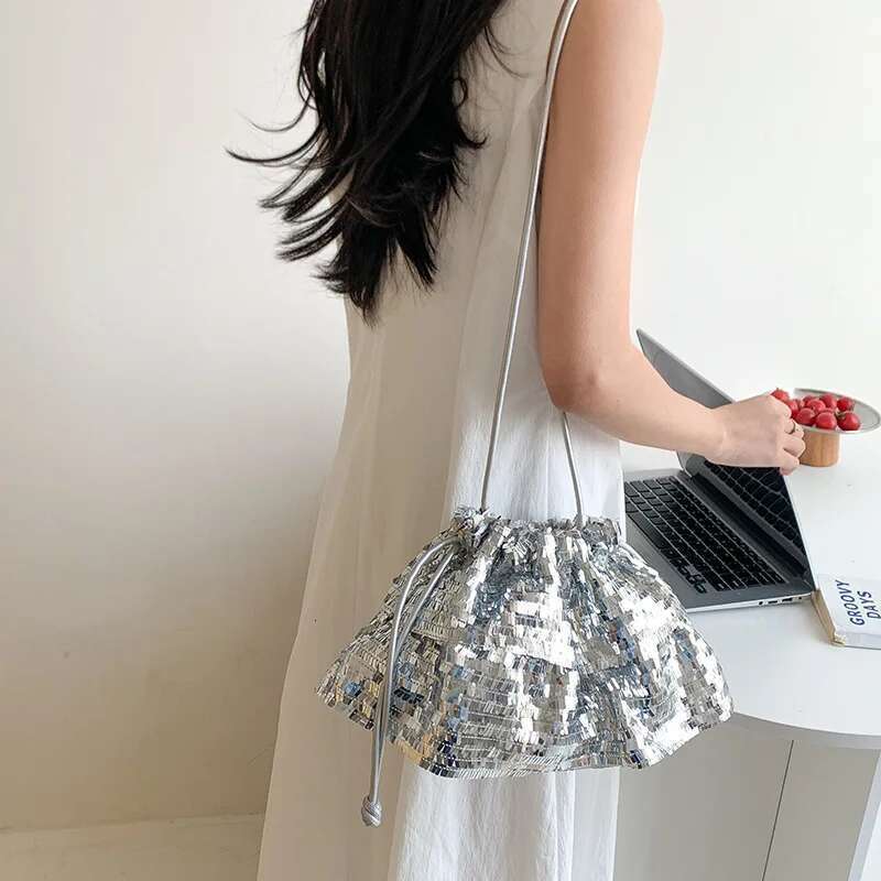Korean Fashion Sequined Women's Handbags Personality Drawstring Y2k Aesthetic Shoulder Bags Design Vintage Underarm Bag