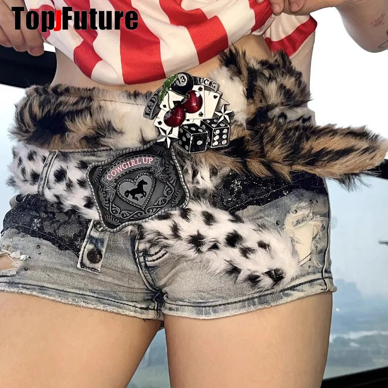 Y2K Girl Harajuku Retro Western Cowgirl Cowboy Furry Leopard punk Belt skull Belt Women Men Cinto De Strass Ceinture Gift 250519