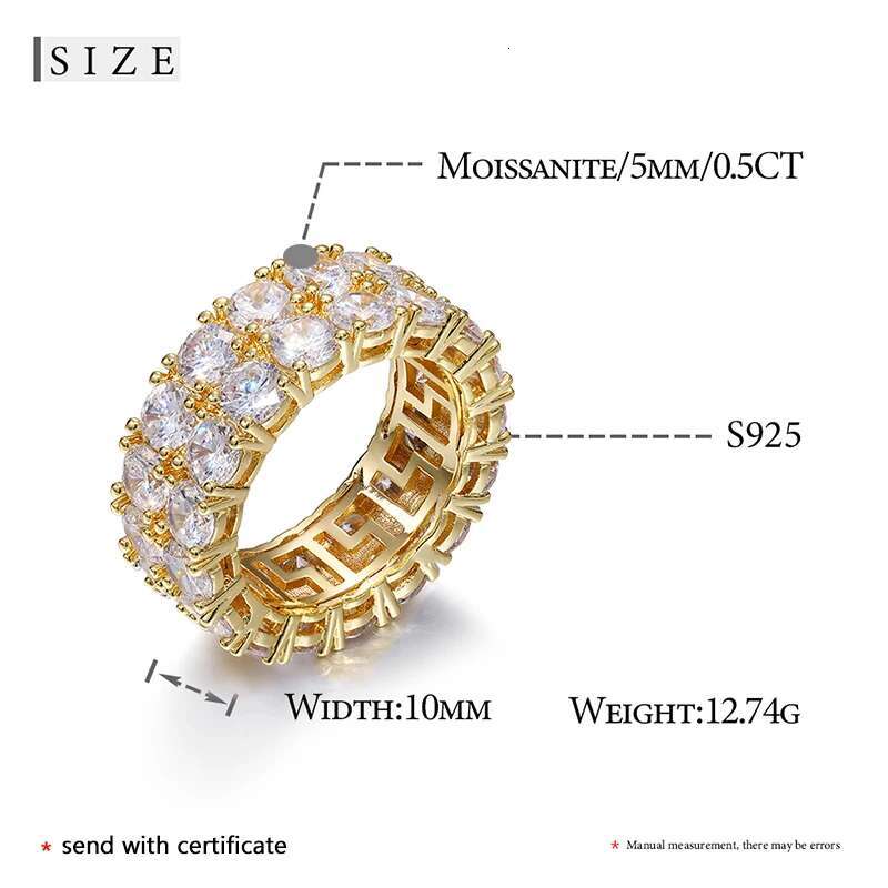 Top Quality 2 Rows 5mm 0.5ct Moissanite Rings Men Hip Hop Jewelry 100% Sterling Silver 925 Bling Gold Plated 18K Ring Gift