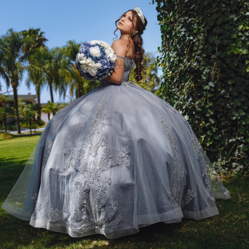 Blue Grey Quinceanera Dresses Off Shoulder Ball Gown Sweet 16 Dress Applique Lace Beading Tull Birthday Party Vestidos 15 De Anos