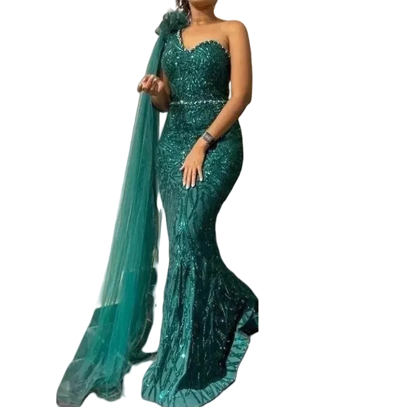 Elegant One Shoulder Sequined Evening Dresses Beaded Sweetheart Long Glitter Prom Dress African Arabic Mermaid Formal Party Events Gown For Women 2025