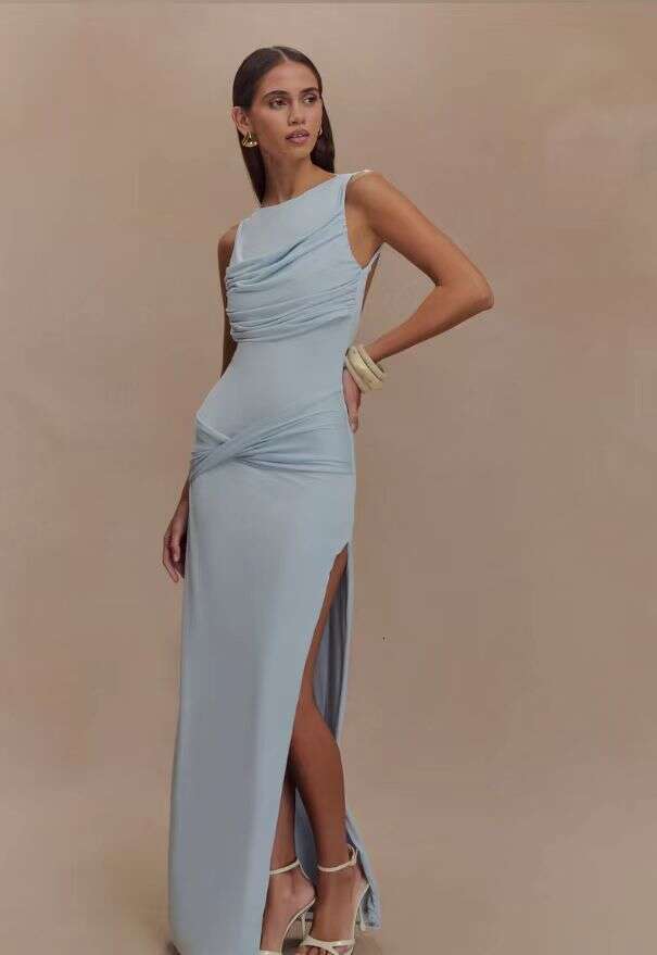 Design inspired with blue round neck backless design, sexy high-end sleeveless slim fit temperament, dress 2025 new casual and versatile fashion cloth