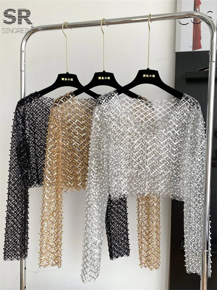 SINGREINY Sexy Pearl Beading Crop Tops Women O Neck Long Sleeves Sheer Shirts Fashion Streetwear Sequined Sunproof Blouses 250520