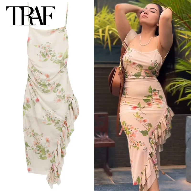 TRAF Womens Print Slip Dress Summer Casual Midi Backless Layered One Piece Resort Ruffled Sleeveless Vestidos 250520