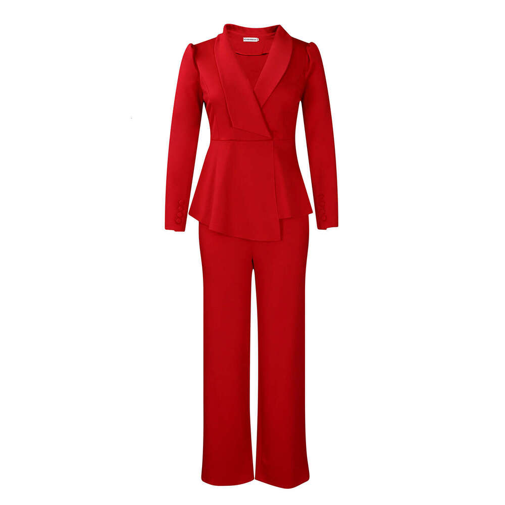 Women's Wear D3315 Women's New Fashion Style Elegant OL Lotus Leaf Edge Sleeve Top Wide Leg Pants Set