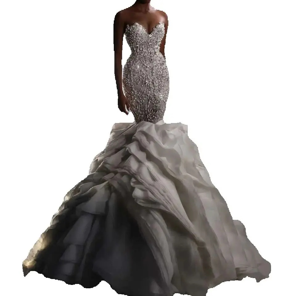Exquisite Strapless Mermaid Wedding Dress Luxury Pearls Crystal Bridal Dress Puffy Ruched Customized vestidos de novia