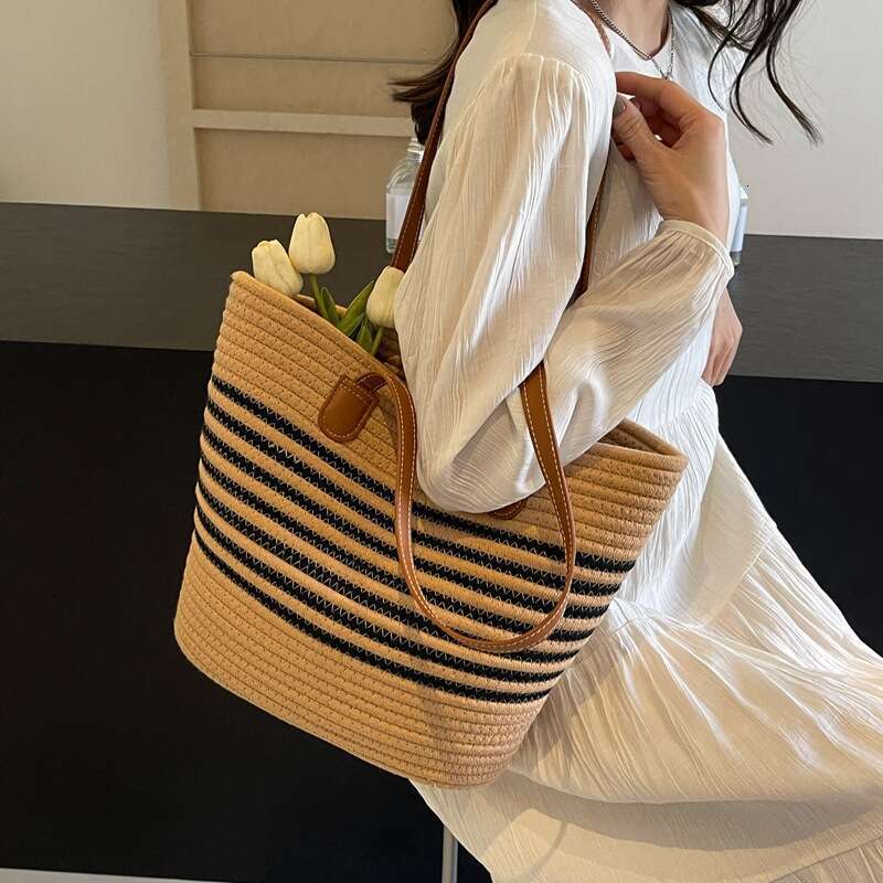 Trendy One Shoulder Grass New Women s Large Capacity Woven Tote Vacation Handheld Beach Bag